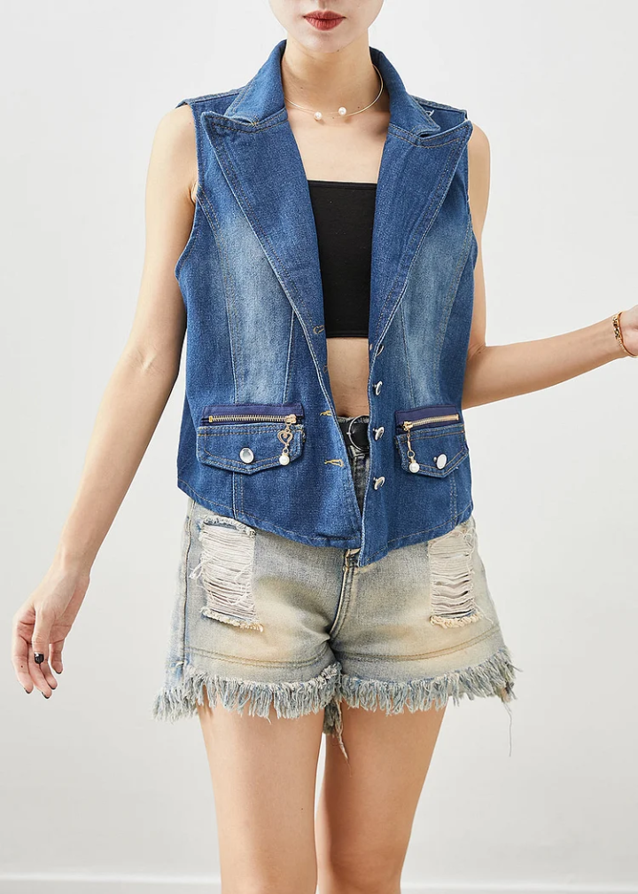 custom women's Collared V Neck denim vest/fashion manufacturer Collared V Neck Denim Vest – Custom Denim Vest custom women's denim,custom denim vest,denim manufacturer