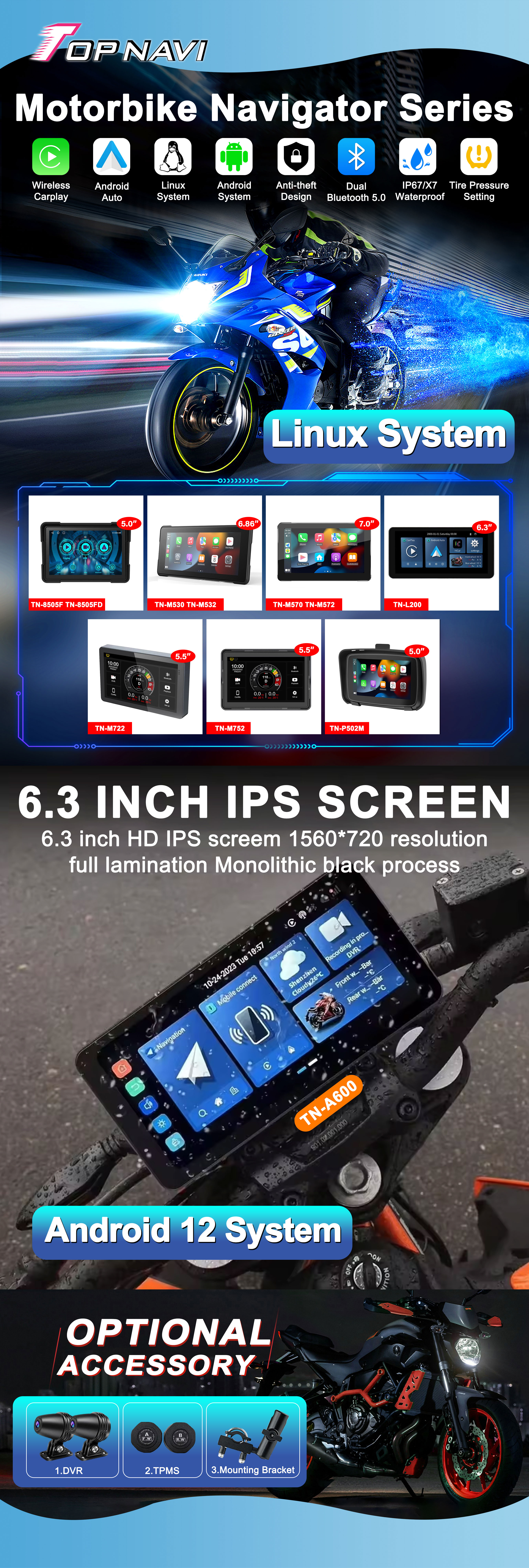 USB Touch Outdoor Waterproof Sunscreen External Portable CarPlay Android Auto GPS  Motorcycle Navigation for BMW R1200GS R1250GS