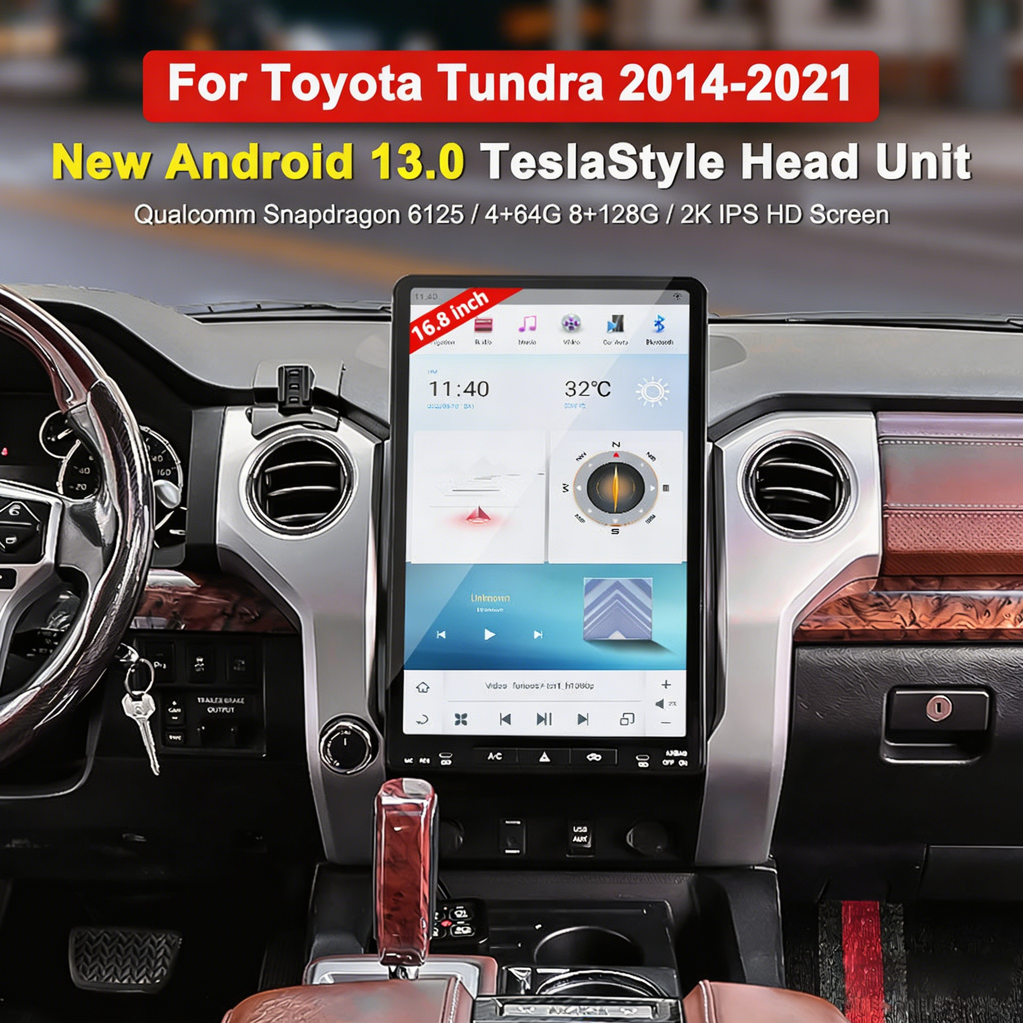 16.8inch Touch Screen Tundra 2015-2021 Qualcomm6125 Android System with Android Auto CarPlay Remote Control Stereo for DSP GPS