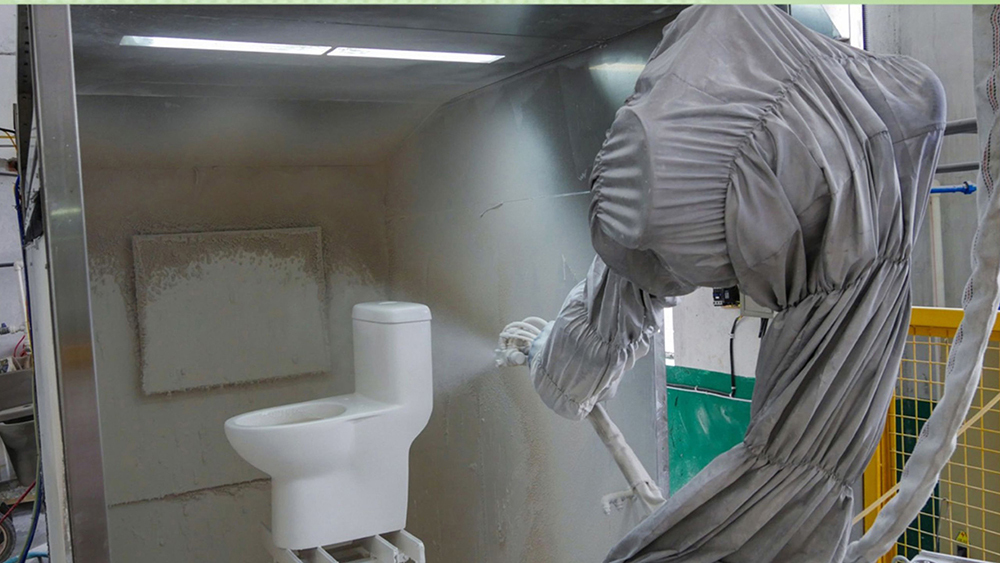 Ceramic toilet manufacturing process showing molding and glazing stages