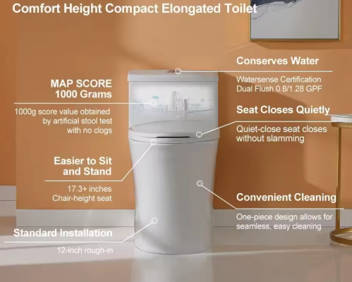 Hot Sell CE Compliant Dual-Flush One-Piece Ceramic Siphonic Toilet with Elongated Bowl and Water-Saving Performance for Bathroom Projects