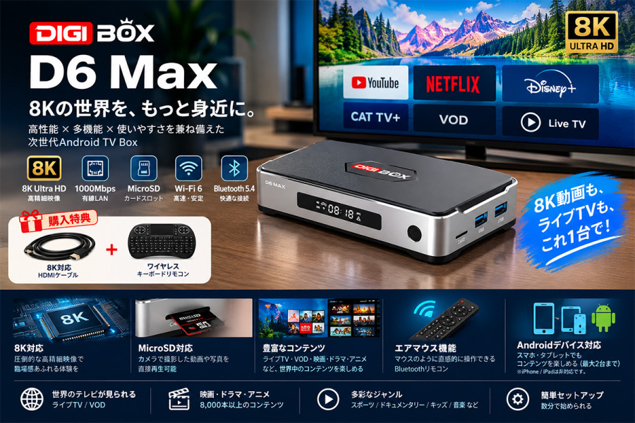 DIGIBox D6 Max レビュー|8K動画再生とMicroSDカードに対応した高性能Android TV Box