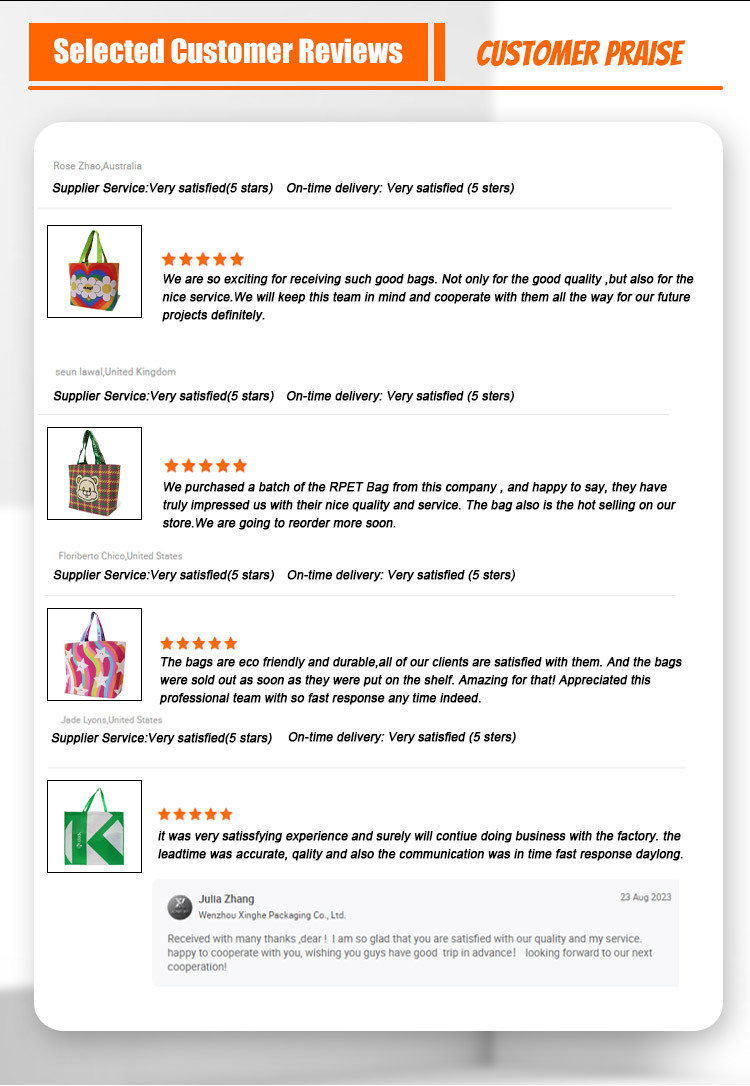 Xinghe Custom Logo Tote Bag Durable RPET Moving shopping Bags with Handled Fashion Style Pc Durable Packaging