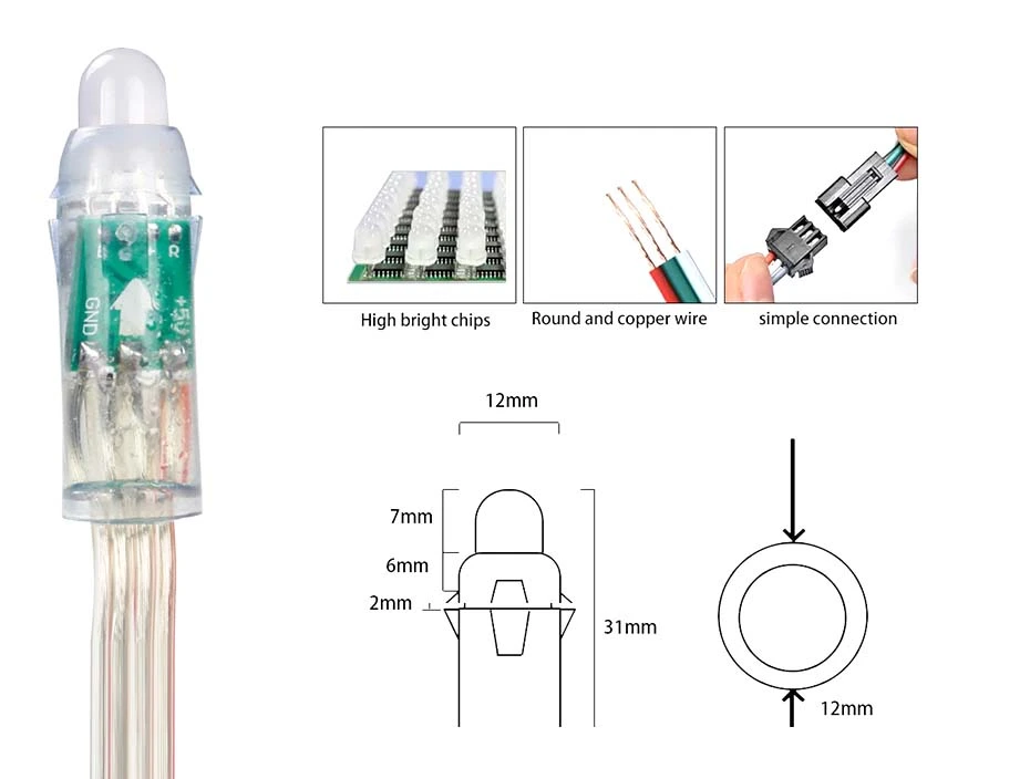 DC5V/12V/24V SPI DMX waterproof IP68 digital full color 12mm round square RGB LED Light Strings (XXA-12)