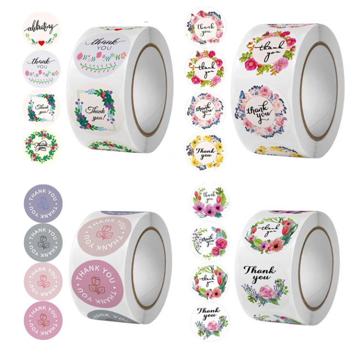 Floral Thank You Sticker Rolls – Self-Adhesive Round Labels for Small Business & Packaging 