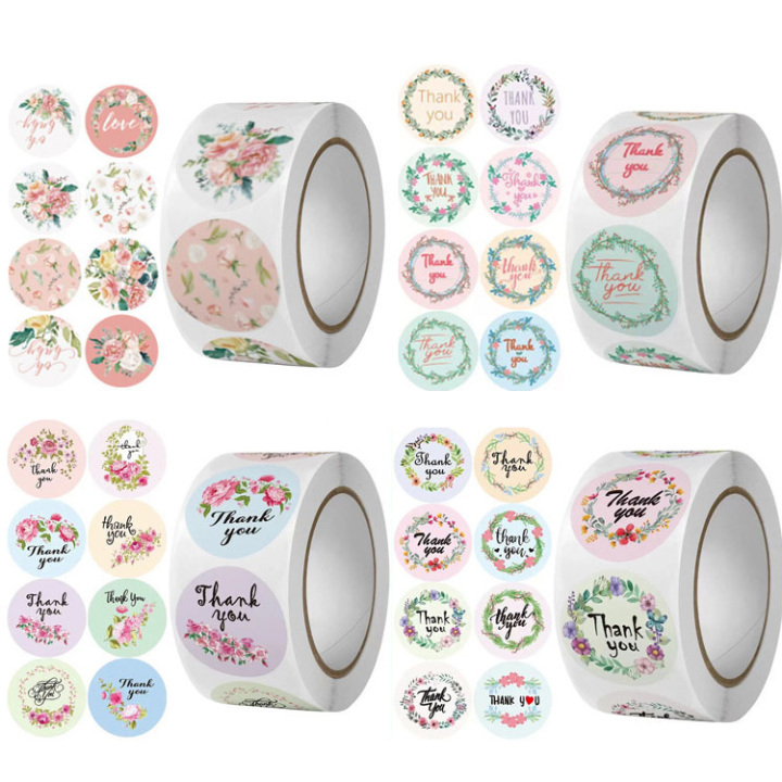 Floral Thank You Sticker Rolls – Self-Adhesive Round Labels for Small Business & Packaging 