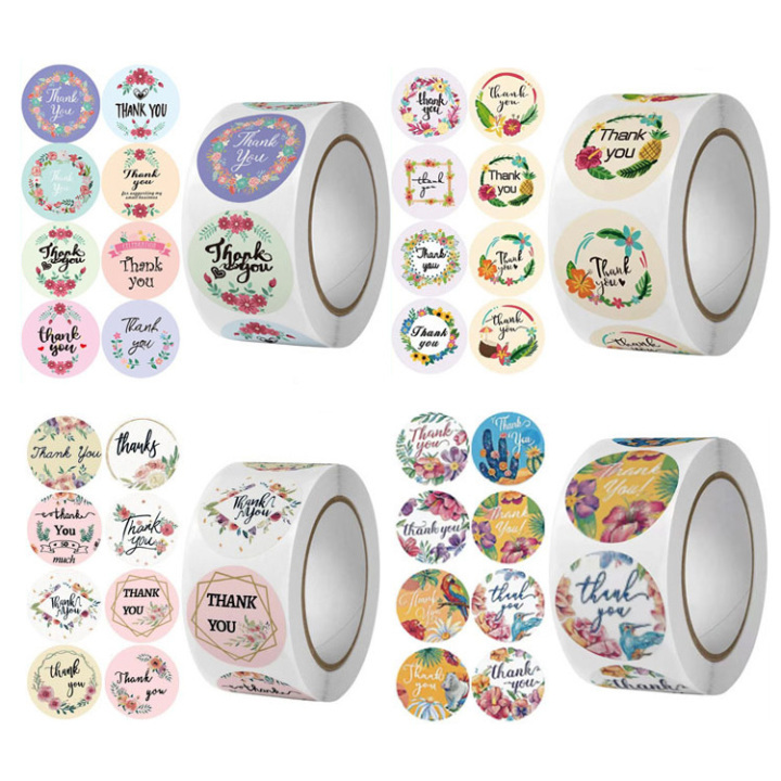 Floral Thank You Sticker Rolls – Self-Adhesive Round Labels for Small Business & Packaging 