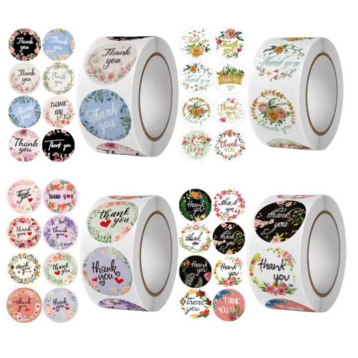 Floral Thank You Sticker Rolls – Self-Adhesive Round Labels for Small Business & Packaging 