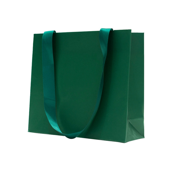 Luxury Matte Green Paper Shopping Bag with Custom Logo & Ribbon Handles 