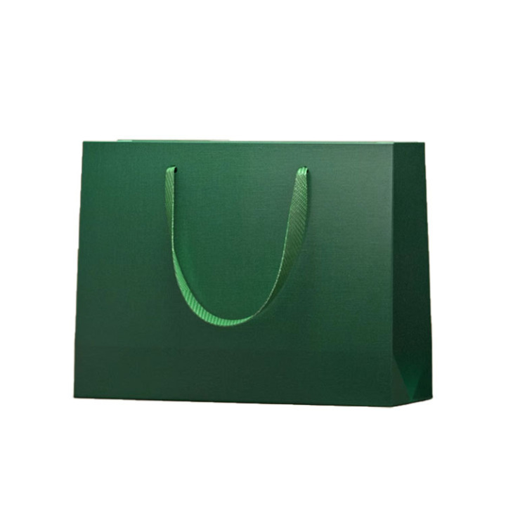 Luxury Matte Green Paper Shopping Bag with Custom Logo & Ribbon Handles 