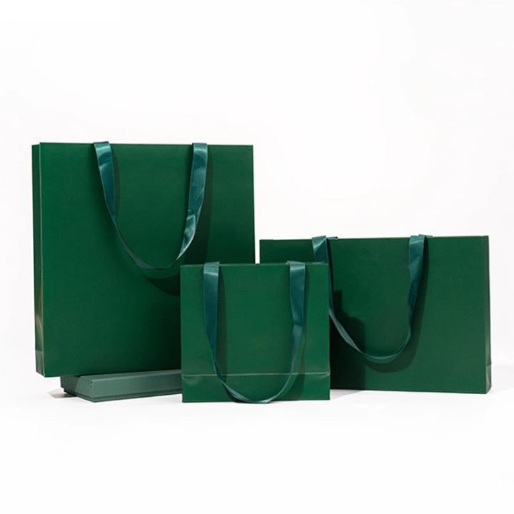 Luxury Matte Green Paper Shopping Bag with Custom Logo & Ribbon Handles 