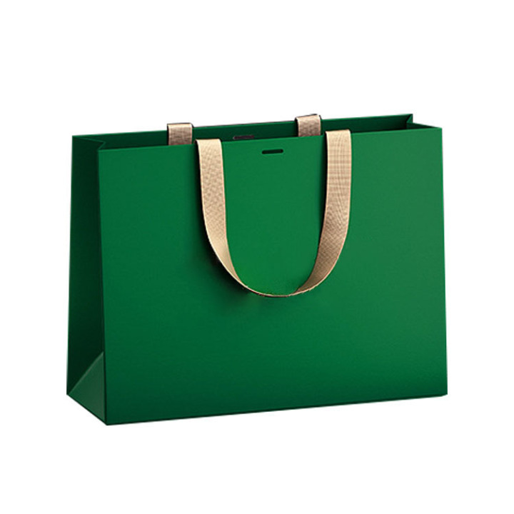 Luxury Matte Green Paper Shopping Bag with Custom Logo & Ribbon Handles 