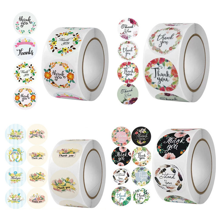 Floral Thank You Sticker Rolls – Self-Adhesive Round Labels for Small Business & Packaging 
