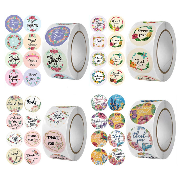 Floral Thank You Sticker Rolls – Self-Adhesive Round Labels for Small Business & Packaging 
