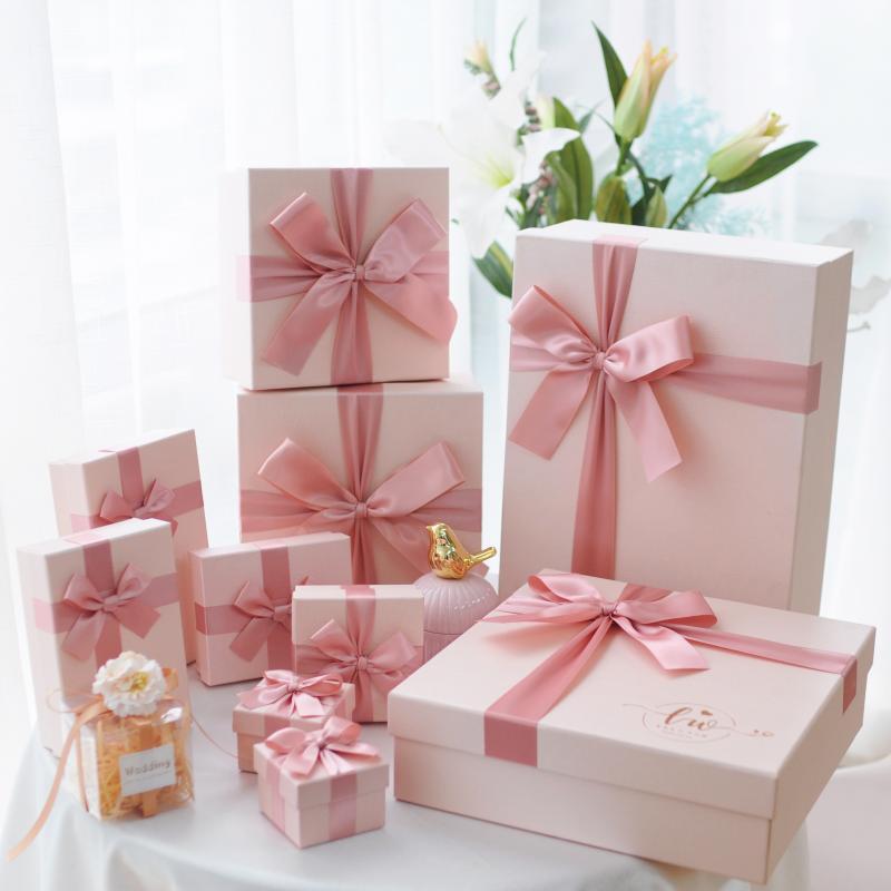 Custom Gift Boxes with Satin Ribbon, Luxury Pink Wedding Favor Boxes Bulk 