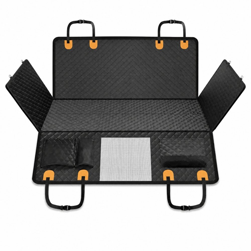 Hard bottom dog car seat cover with mesh window and pockets