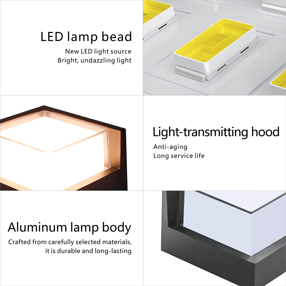 XZM LED wall light, 12W 3000K/6000K, modern outdoor porch light, 1000 lumens, double-layer aluminum square exterior wall mount, IP65 waterproof, suitable for house, balcony, porch and garden decoration XZM LED Wall Light 12W 3000K/6000K Modern Outdoor Porch Light LED wall light, outdoor porch light, waterproof wall light, aluminum exterior light,outdoor wall light