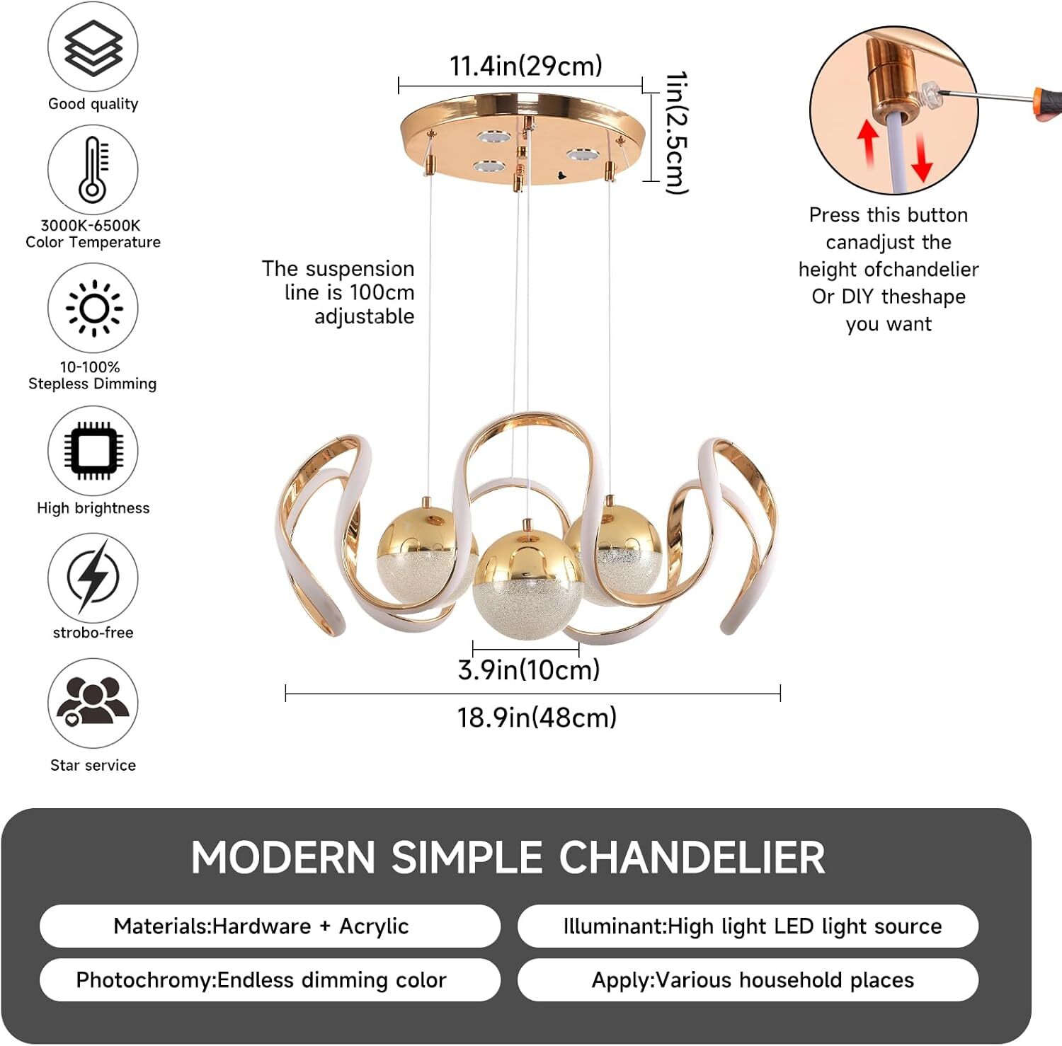 Modern LED Chandelier with Remote Control, Dimmable 3 Color Integrated LED Ceiling Pendant Light, Decorative Hanging Lamp for Living Room Bedroom Dining Room, Gold Modern LED Chandelier with Remote Control, Dimmable, Gold Finish LED Chandelier, Remote Control Lighting, Dimmable Ceiling Light, Pendant Lamp, Decorative Lighting