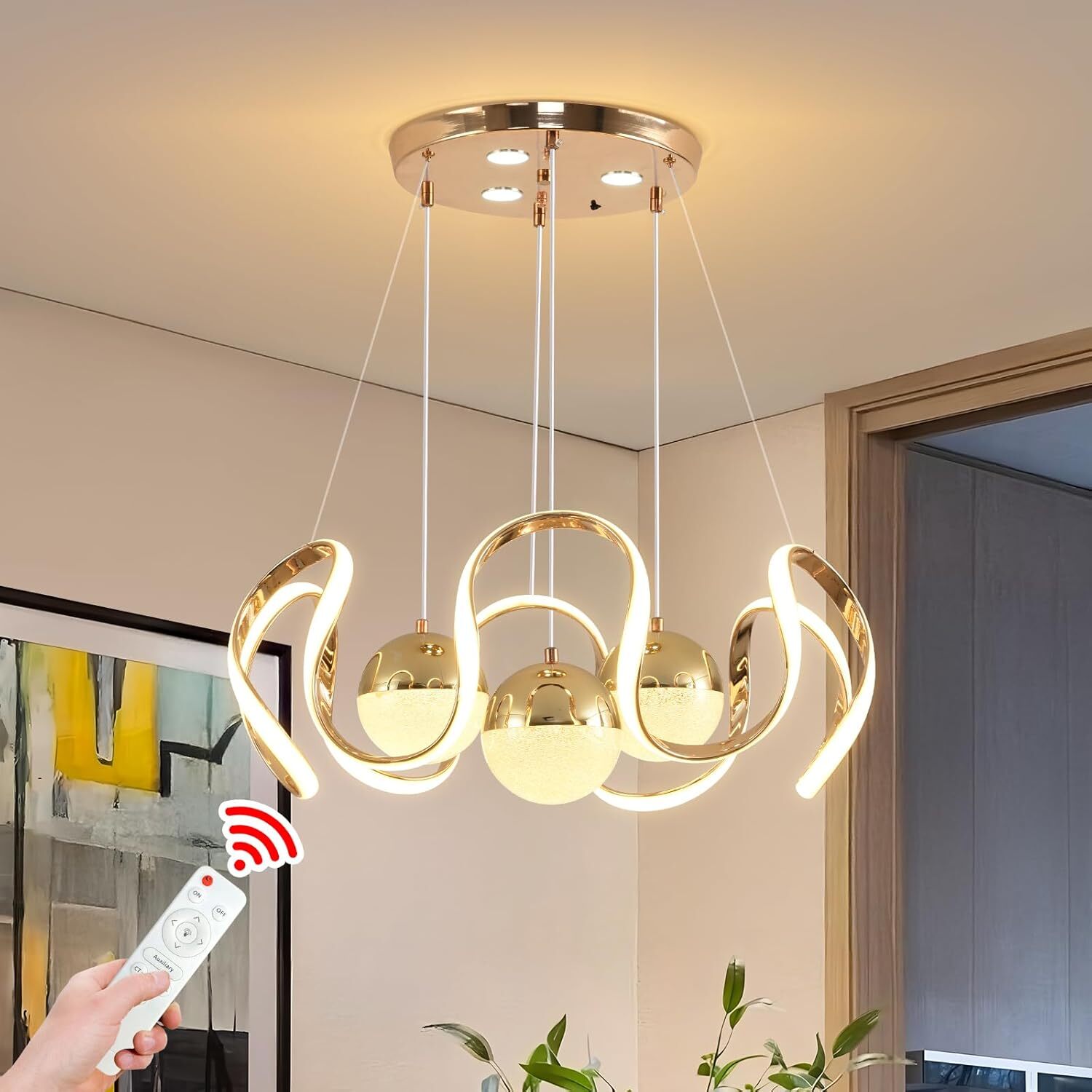 Modern LED Chandelier with Remote Control, Dimmable 3 Color Integrated LED Ceiling Pendant Light, Decorative Hanging Lamp for Living Room Bedroom Dining Room, Gold Modern LED Chandelier with Remote Control, Dimmable, Gold Finish LED Chandelier, Remote Control Lighting, Dimmable Ceiling Light, Pendant Lamp, Decorative Lighting
