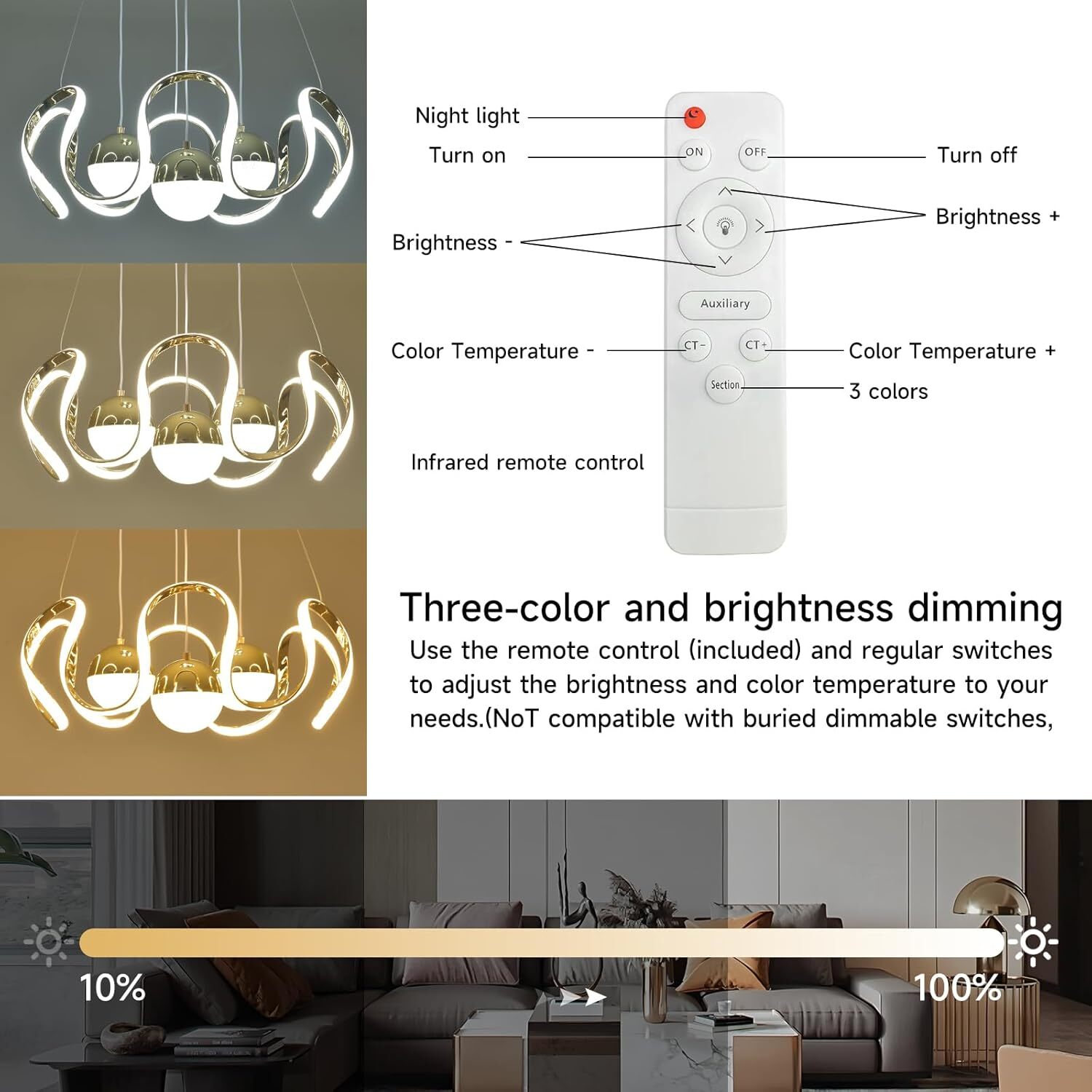 Modern LED Chandelier with Remote Control, Dimmable 3 Color Integrated LED Ceiling Pendant Light, Decorative Hanging Lamp for Living Room Bedroom Dining Room, Gold Modern LED Chandelier with Remote Control, Dimmable, Gold Finish LED Chandelier, Remote Control Lighting, Dimmable Ceiling Light, Pendant Lamp, Decorative Lighting