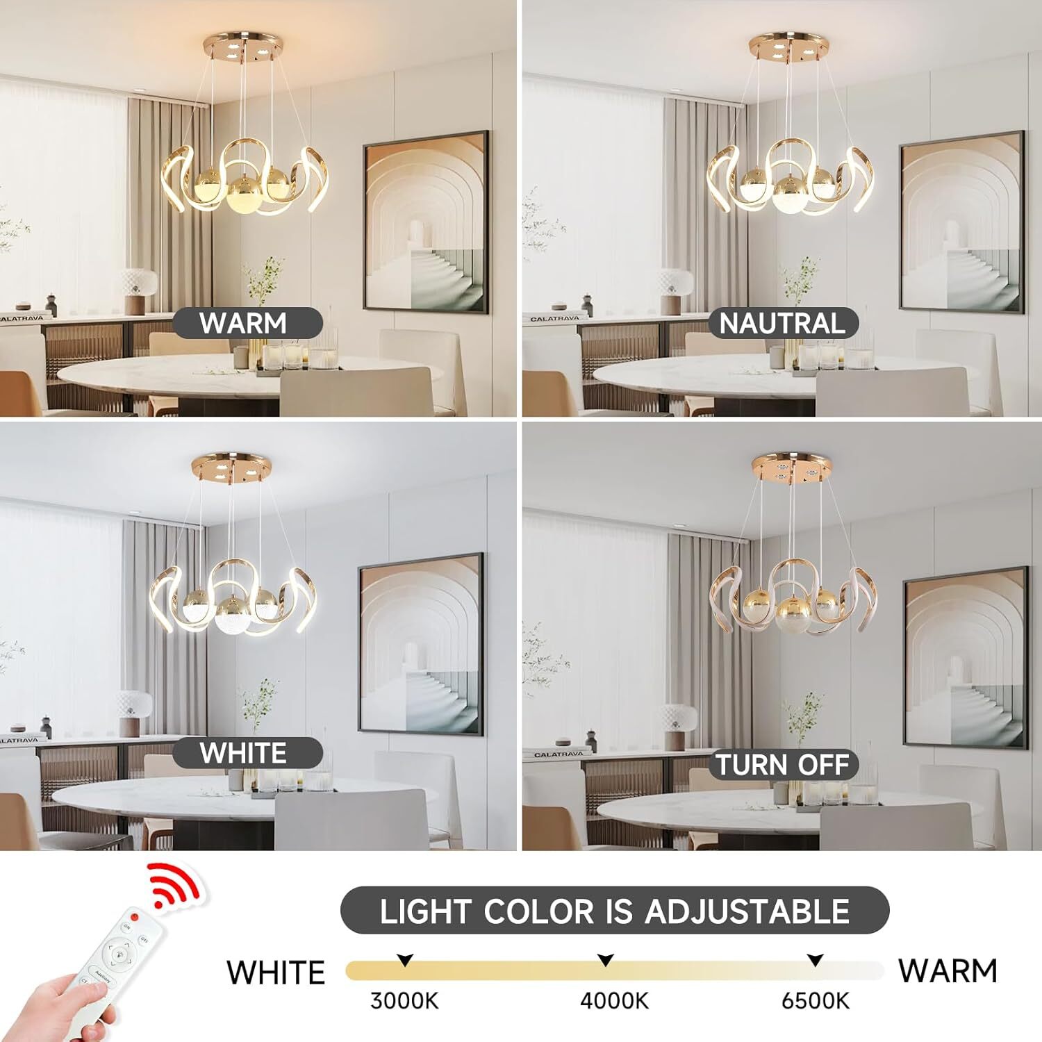 Modern LED Chandelier with Remote Control, Dimmable 3 Color Integrated LED Ceiling Pendant Light, Decorative Hanging Lamp for Living Room Bedroom Dining Room, Gold Modern LED Chandelier with Remote Control, Dimmable, Gold Finish LED Chandelier, Remote Control Lighting, Dimmable Ceiling Light, Pendant Lamp, Decorative Lighting
