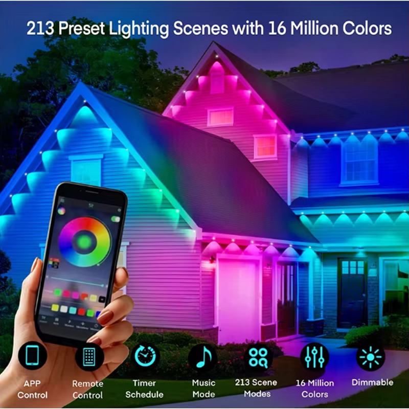 Smart RGB Permanent Outdoor LED Lights, Color Changing LED Eaves Lights, IP67 Waterproof, APP & Remote Dual Control, Music Sync, 16M Colors Timing DIY Modes, for House Exterior Roof Patio Garden Christmas Halloween Home Outdoor Decor,  Smart RGB Outdoor LED Lights - Color Changing IP67 Waterproof Smart RGB lights, outdoor LED lights, color changing lights, IP67 waterproof, music sync lights,String lights