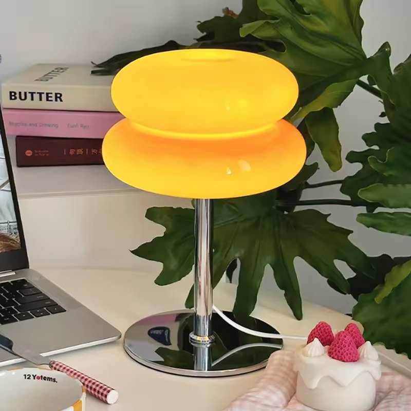 Aesthetic Vintage Dimmable Macaron Donut Egg Tart LED Table Lamp, Frosted Glass Chrome Base Flicker-Free Eye-Caring Glow, for Bedroom Living Room Dorm Home Office Decor, USB Powered 3 Color Modes Aesthetic Retro Donut LED Table Lamp | Dimmable USB Powered Eye-Caring Lamp for Bedroom Home Decor bedside lamp,Bedside Table Lamp,Table Lamp,night light,Tulip Table Lamp