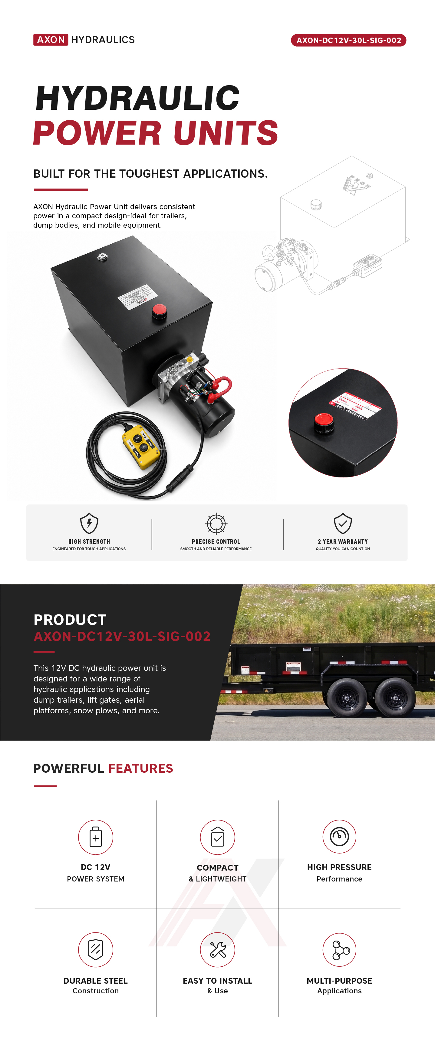 “AXON-DC12V-30L-SIG-002", Single Acting 12V DC 30L Reservoir With 2 Button, MOQ is 18pcs/Plate  