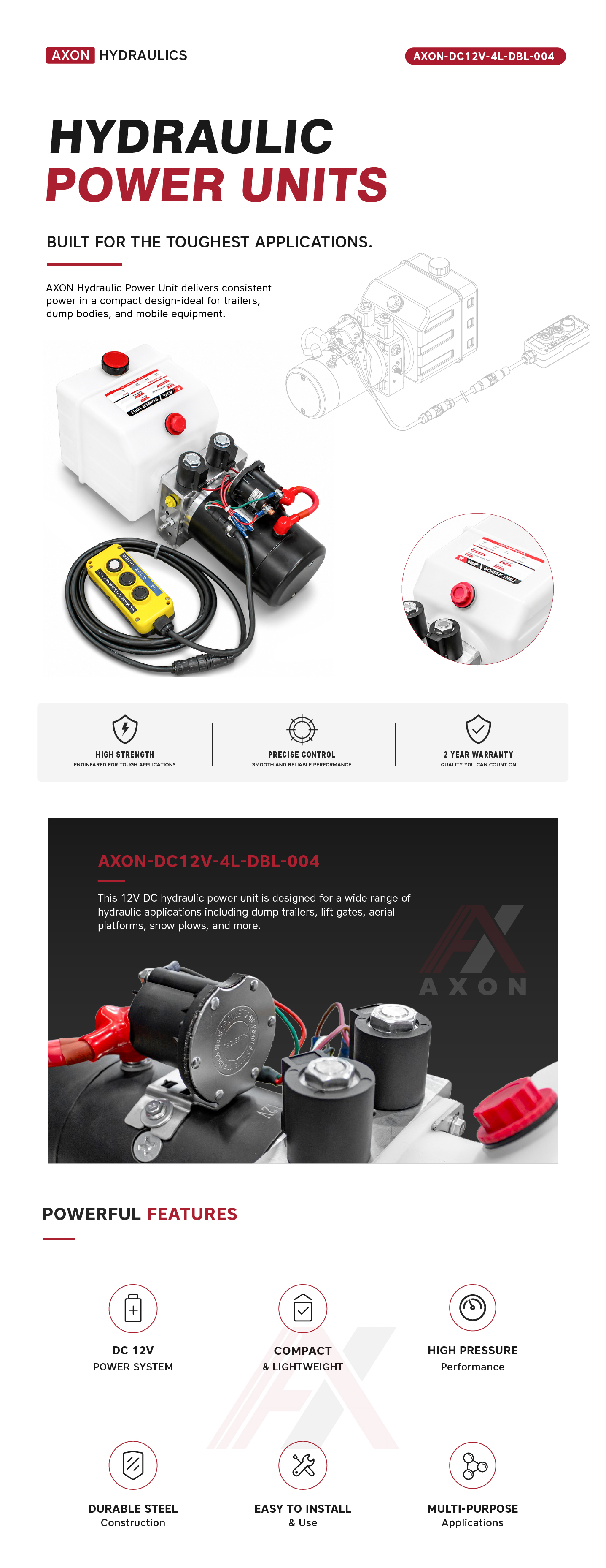 “AXON-DC12V-4L-DBL-004", Double Acting 12V DC 4L Reservoir With 3 Button, MOQ is 24pcs/Plate  