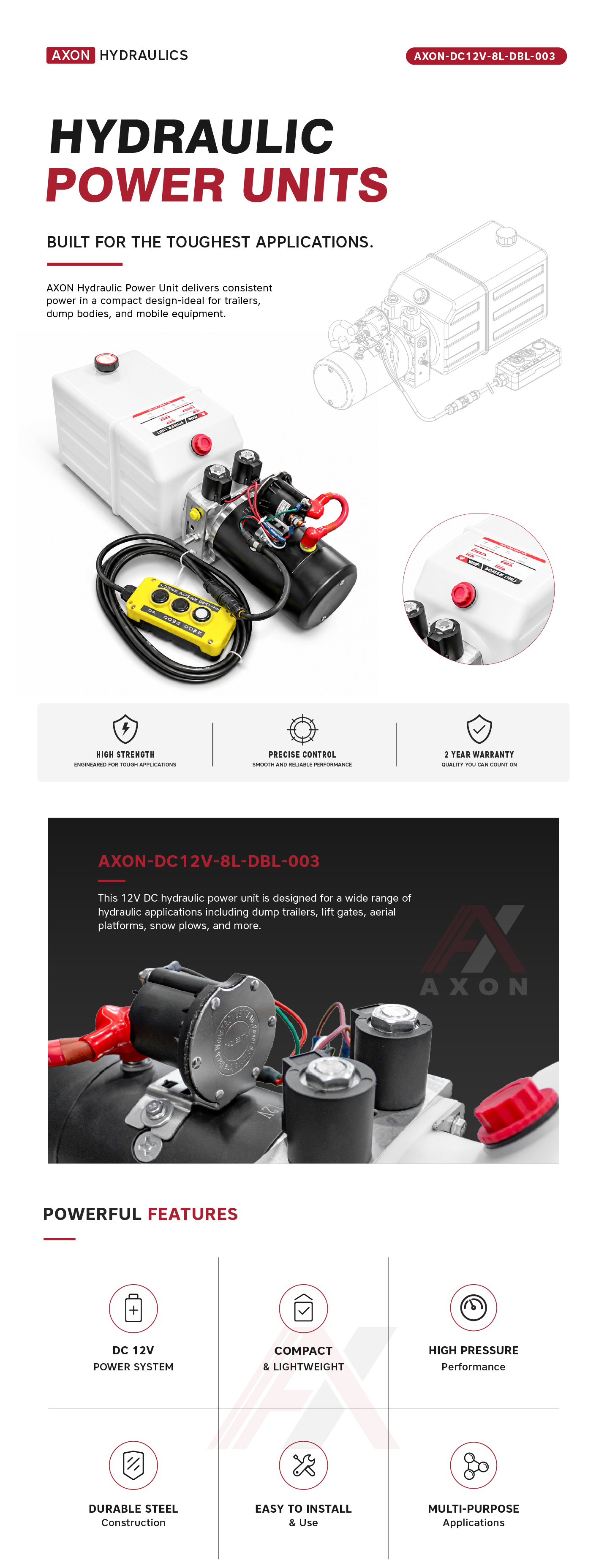 “AXON-DC12V-8L-DBL-003", Double Acting 12V DC 8L Reservoir With 3 Button, MOQ is 24pcs/Plate  