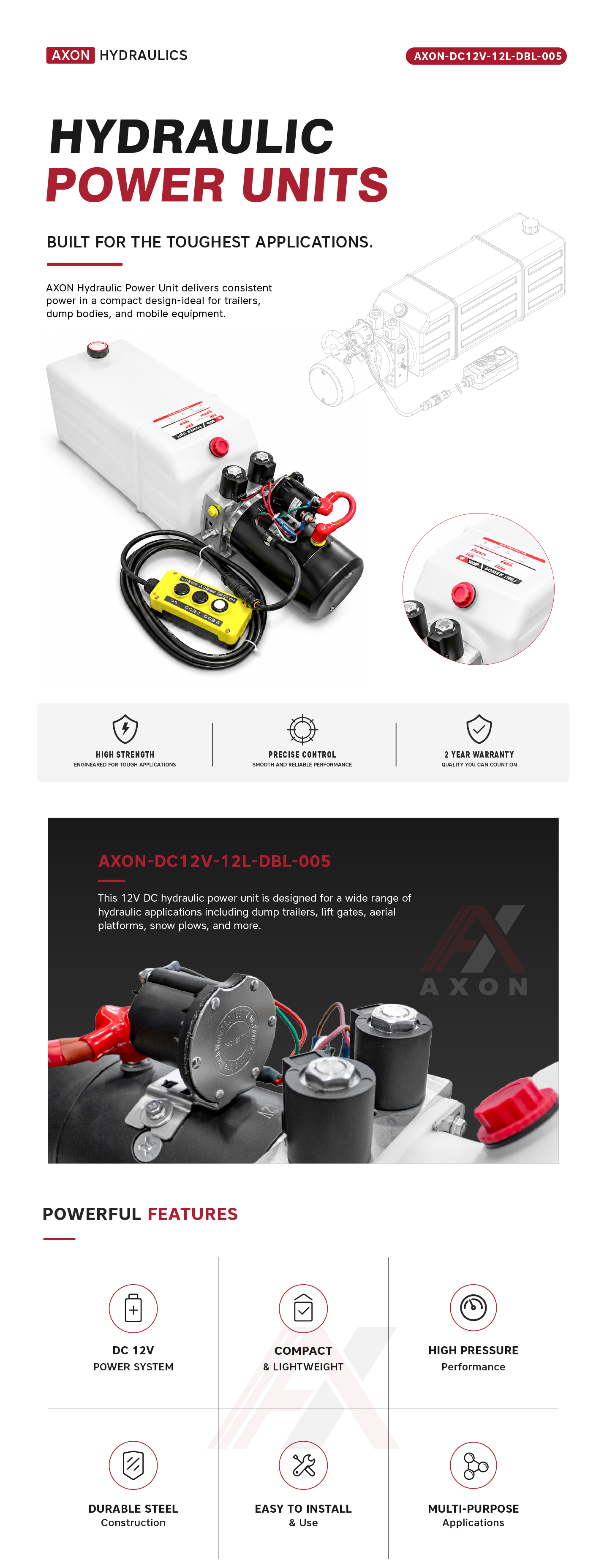 "AXON-DC12V-12L-DBL-005", Double Acting 12V DC 12L Reservoir With 3 Button, MOQ is 18pcs/Plate  