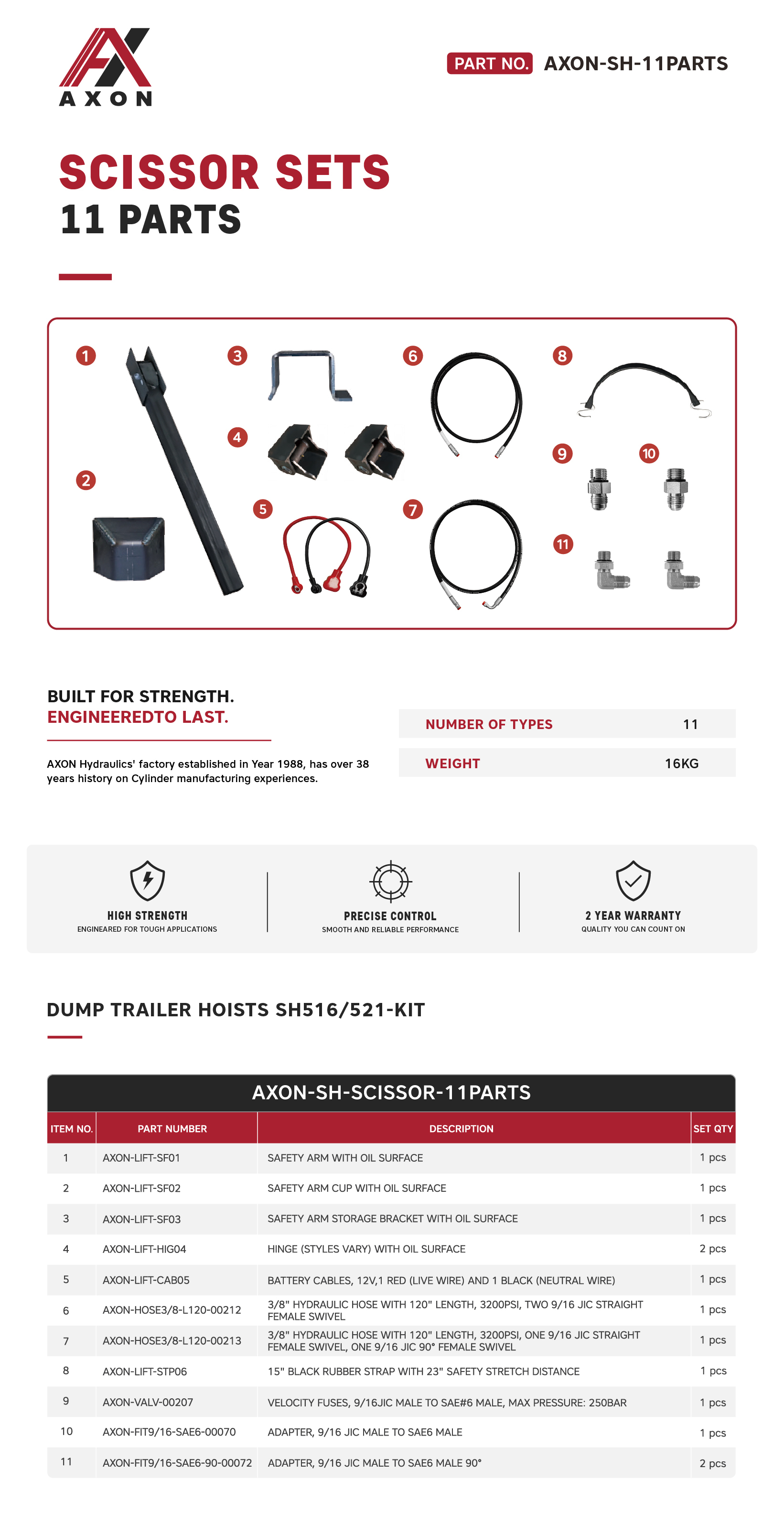 "AXON-SH-SCISSOR-11PARTS", SH516/521-KIT, DUMP TRAILER HOISTS, , MOQ is 28pcs/Plate  