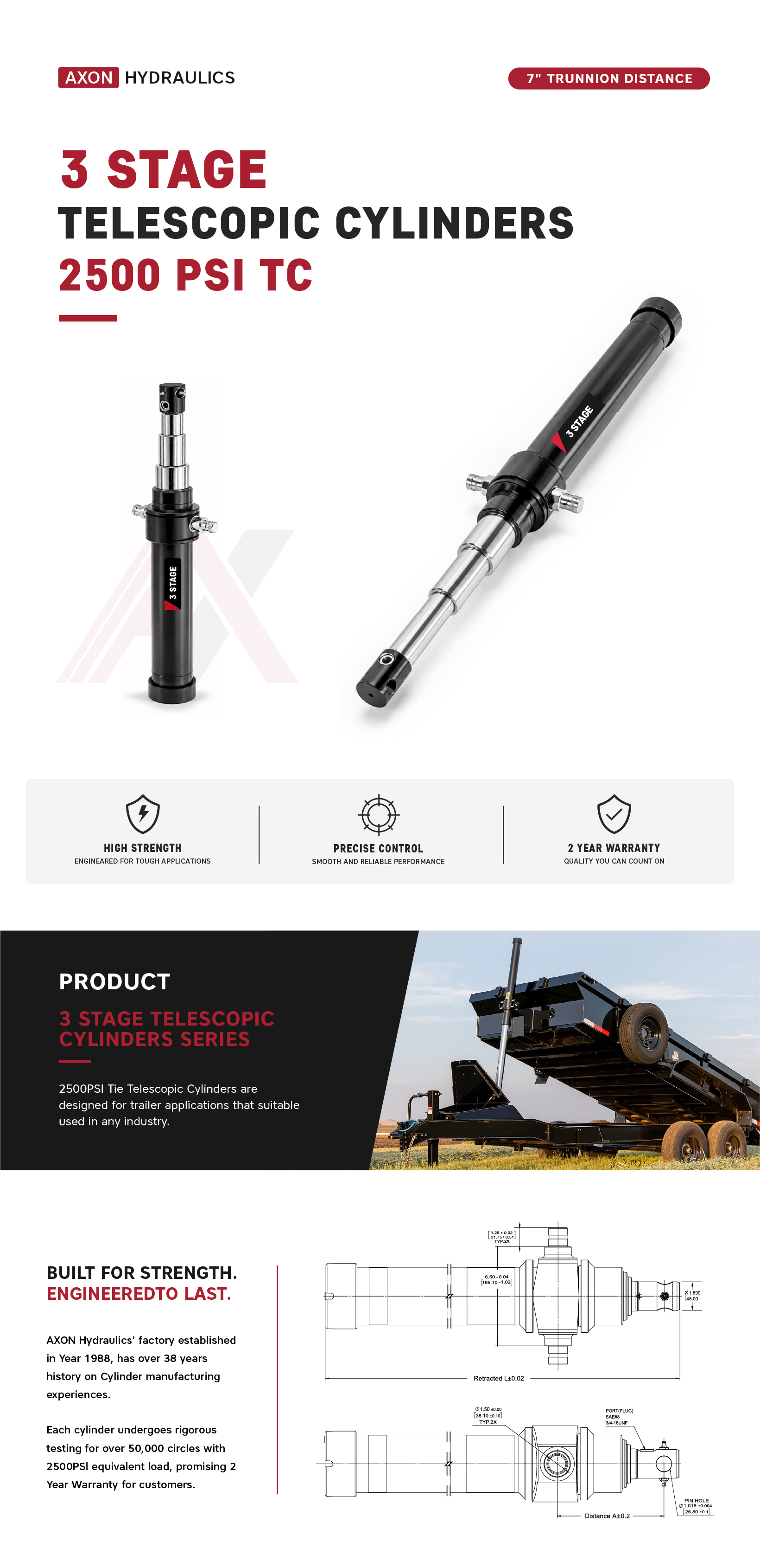 "TC12T-120-3S-AXON", 3 Stage, 12 Ton Of 120" Stroke Telescopic Cylinders, MOQ is 21pcs/Plate 3 Stage, 12 Ton Of 120" Stroke Telescopic Cylinder TC12T-120-3S-AXON 
