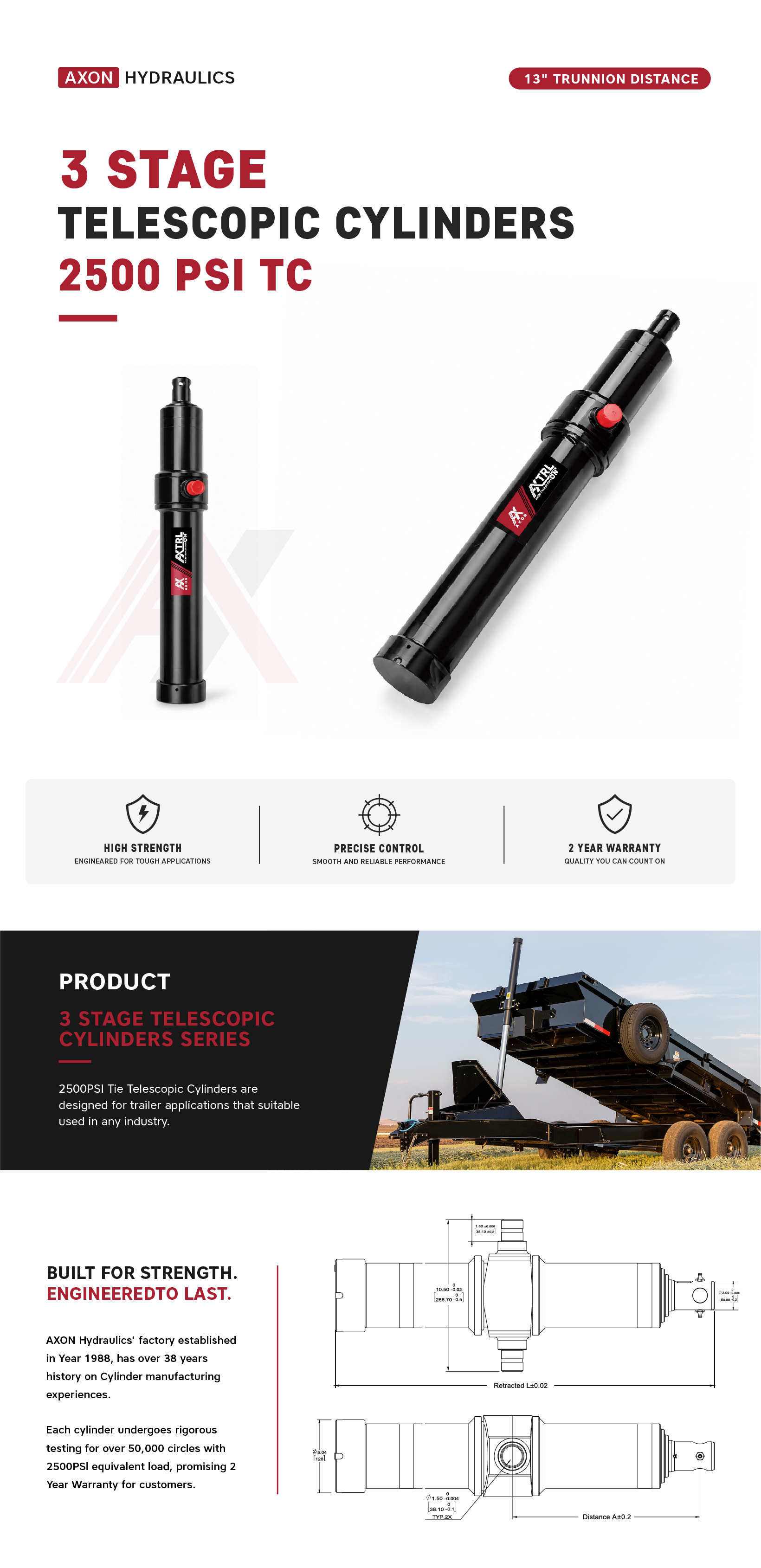 "TC12T-120L-3S-AXON", 3 Stage, 12 Ton Of 120" Stroke 13"Trunnion Distance Telescopic Cylinders, MOQ is 21pcs/Plate 3 Stage, 12 Ton Of 120" Stroke 13"Trunnion Distance Telescopic Cylinder TC12T-120L-3S-AXON 