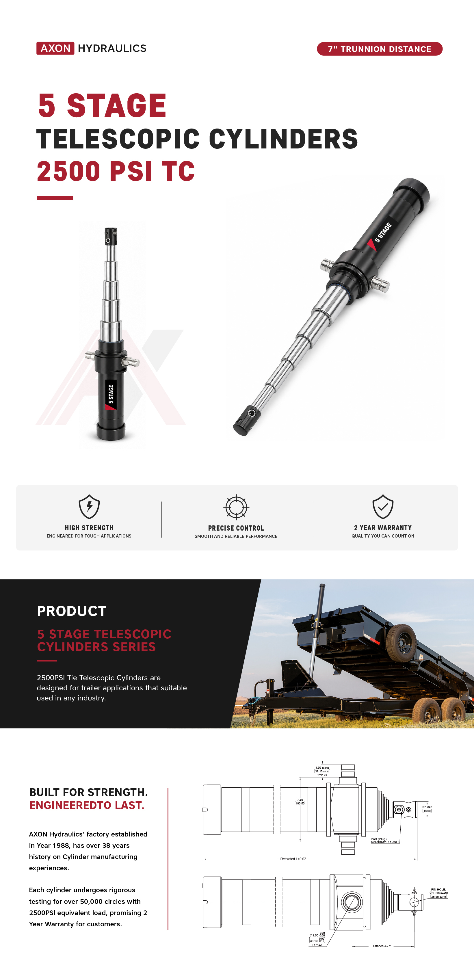 “TC12T-135-5S-AXON", 5 Stage, 12 Ton Of 135" Stroke Telescopic Cylinder, MOQ is 21pcs/Plate   5 Stage, 12 Ton Of 135" Stroke Telescopic Cylinder  TC12T-135-5S-AXON 
