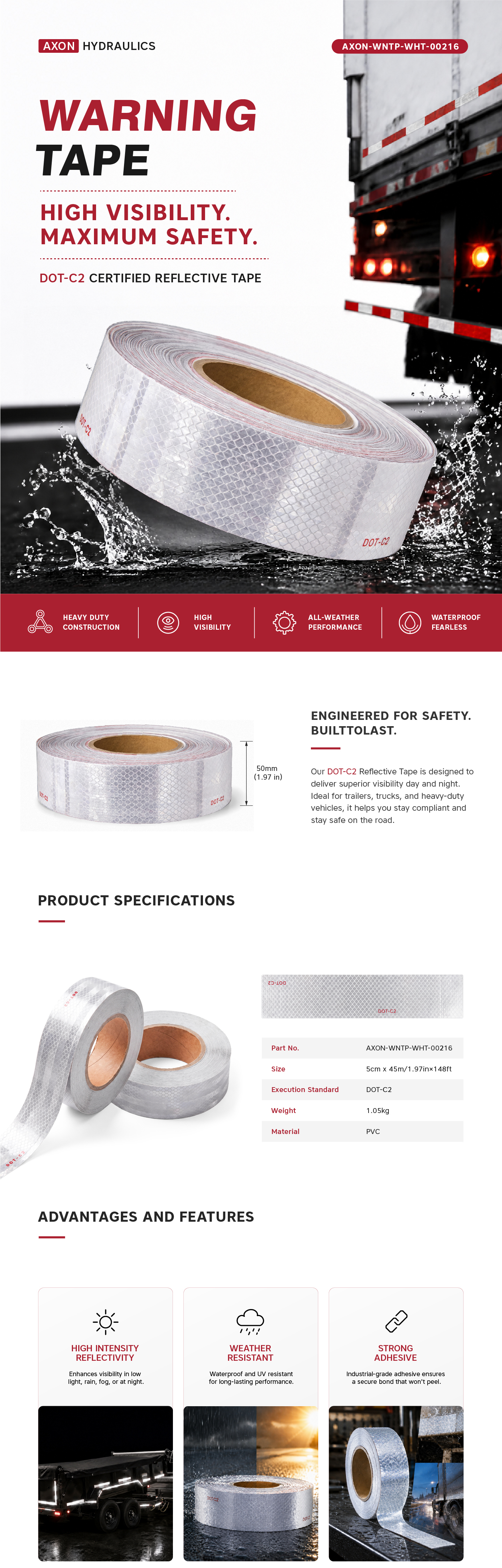 "AXON-WNTP-WHT-00216", Warning Tape, DOT-C2  LENGH: 148 ft×2 in, MOQ is 576 Roll/Plate Reflective Safety Tapes Silver Adhesive Reflector Tape for Trailer(45m*5cm) 