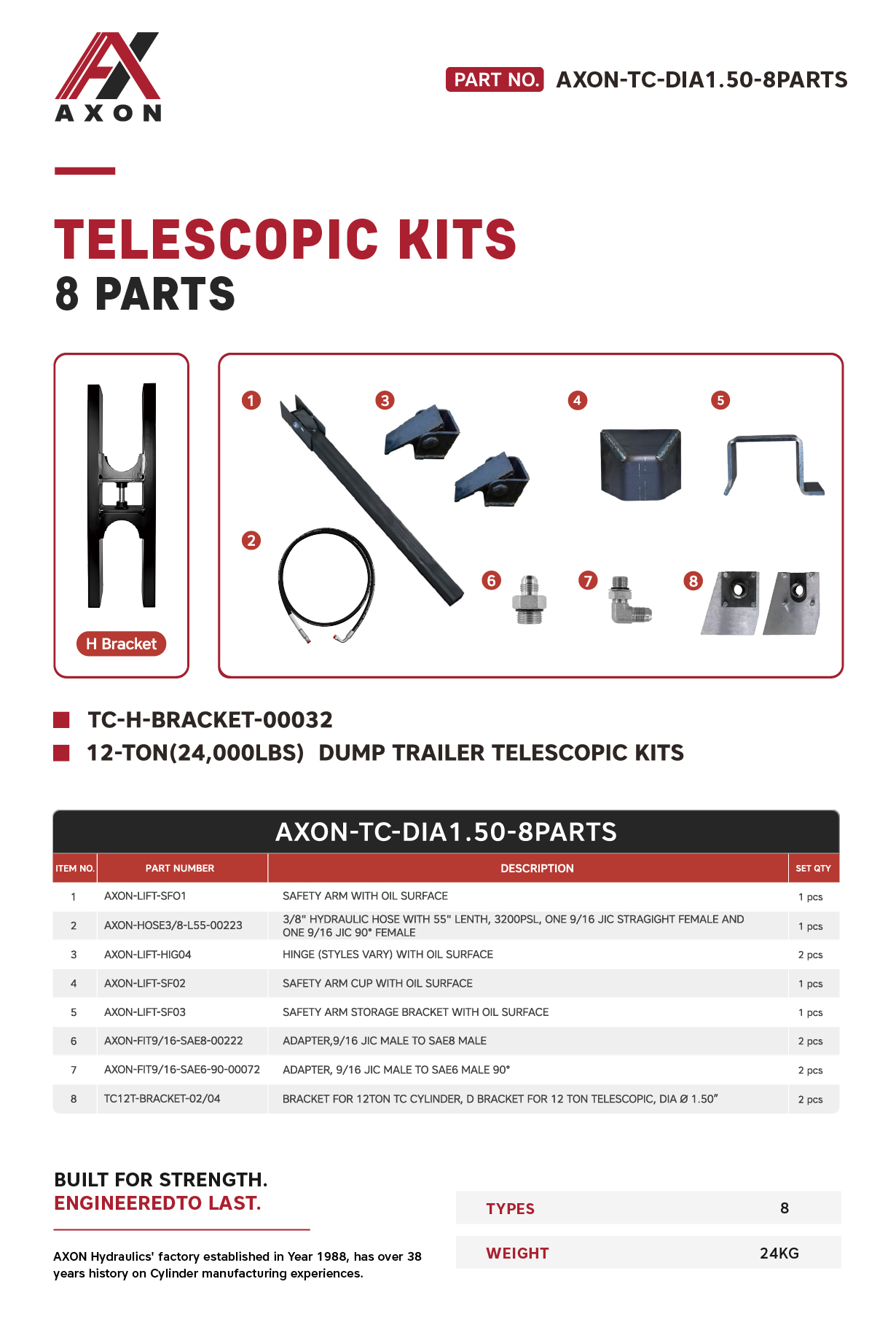 “AXON-TC-DIA1.50-8PARTS", 12-TON DUMP  TRAILER TELESCOPIC KITS, MOQ is 42pcs/Plate 12-TON DUMP  TRAILER TELESCOPIC KITS   AXON-TC-DIA1.50-8PARTS 