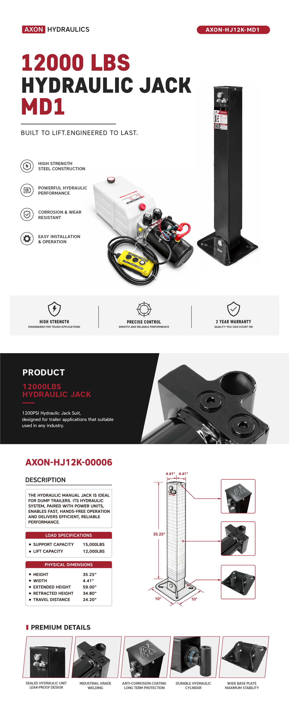 "AXON-HJ12K-MD1", 12,000 LBS Single Hydraulic Jack Units, MOQ is 10pcs/Plate  