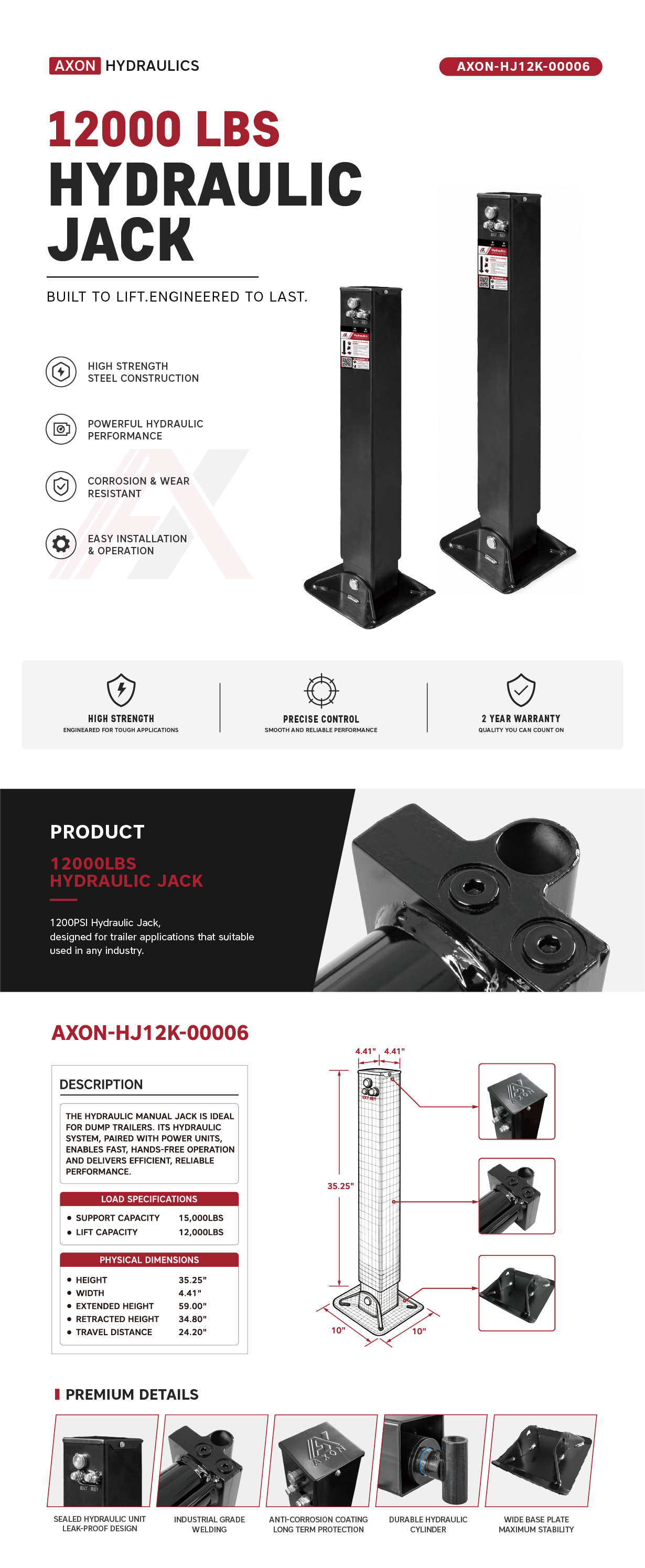 "AXON-HJ12K-00006", 12,000 LBS Single Hydraulic Jack, MOQ is 20pcs/Plate 12K Hydraulic Trailer Jack "Weld On" or "Bolt On" 