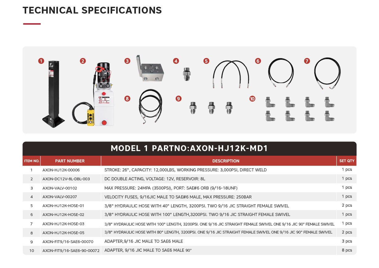 "AXON-HJ12K-MD1", 12,000 LBS Single Hydraulic Jack Units, MOQ is 10pcs/Plate  