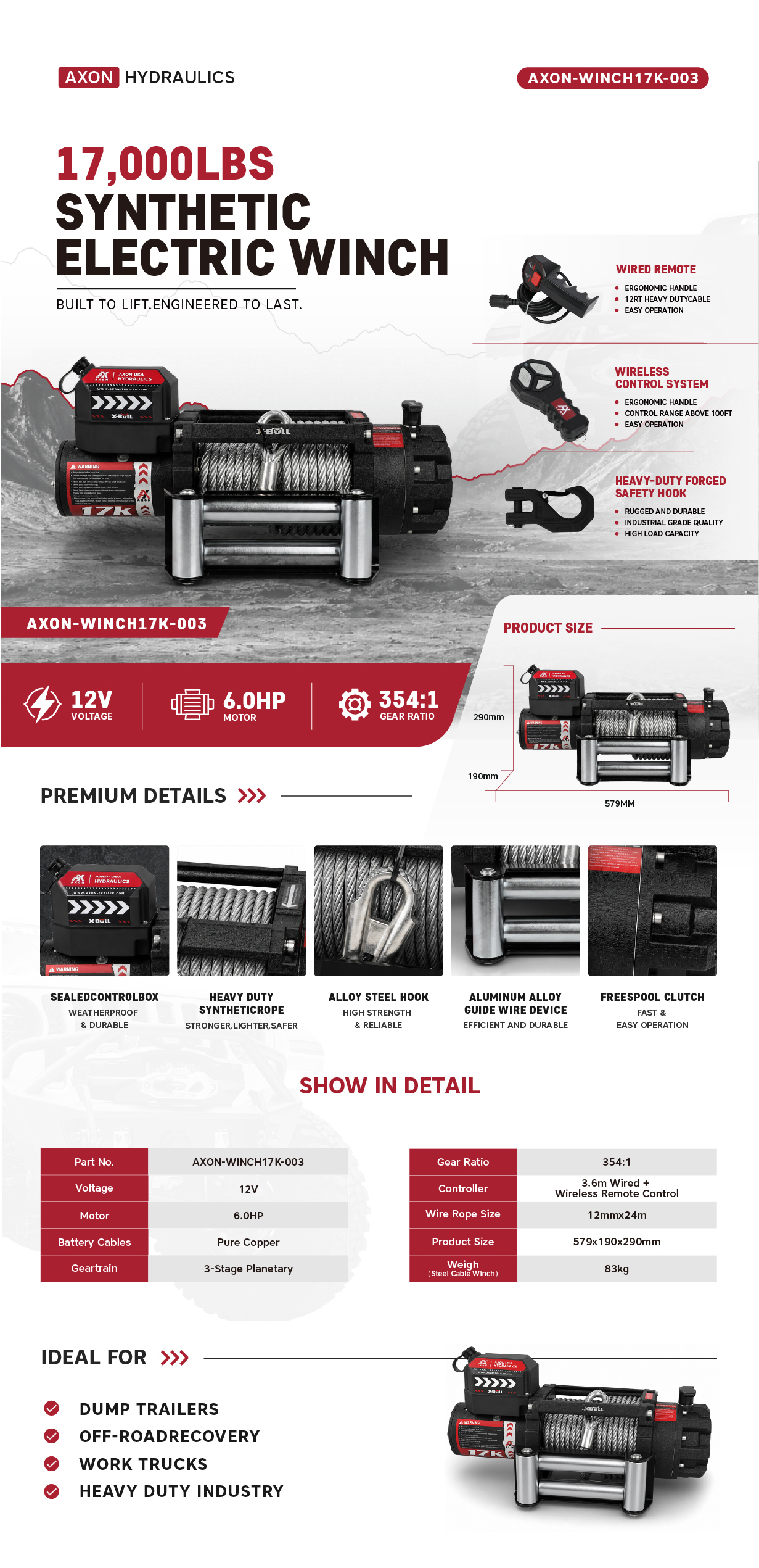 AXON-WINCH17K-003, AXON Electric Winch, 17000 LBS 12V Steel Rope Trailer SUV Jeep Truck 4WD $550.00 AXON Electric Winch, 17000 LBS 12V Steel Rope Trailer SUV Jeep Truck 4WD 