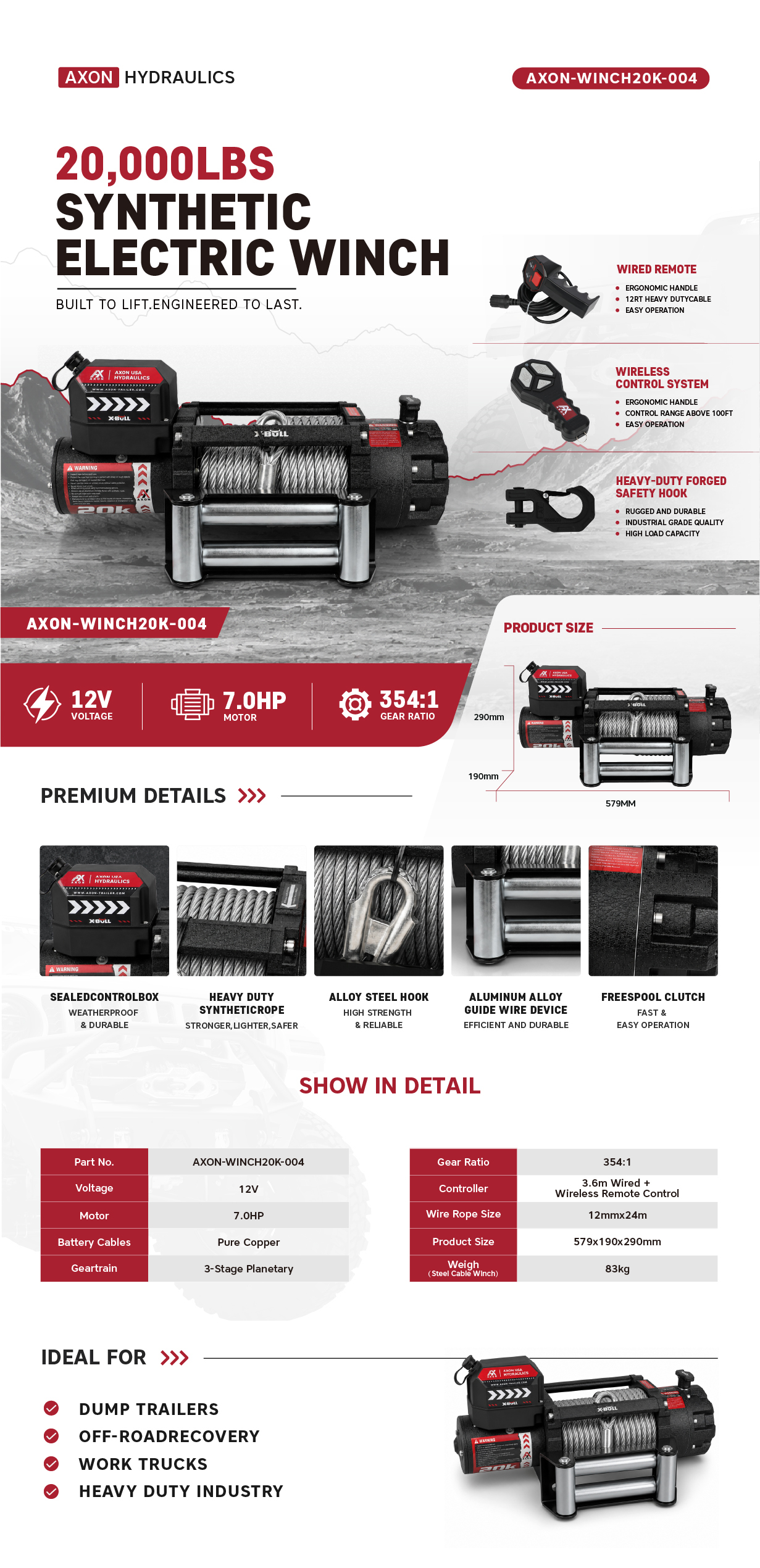 AXON-WINCH20K-004, AXON Electric Winch, 20000 LBS 12V Steel Rope Trailer SUV Jeep Truck 4WD $565.00 AXON Electric Winch, 20000 LBS 12V Steel Rope Trailer SUV Jeep Truck 4WD