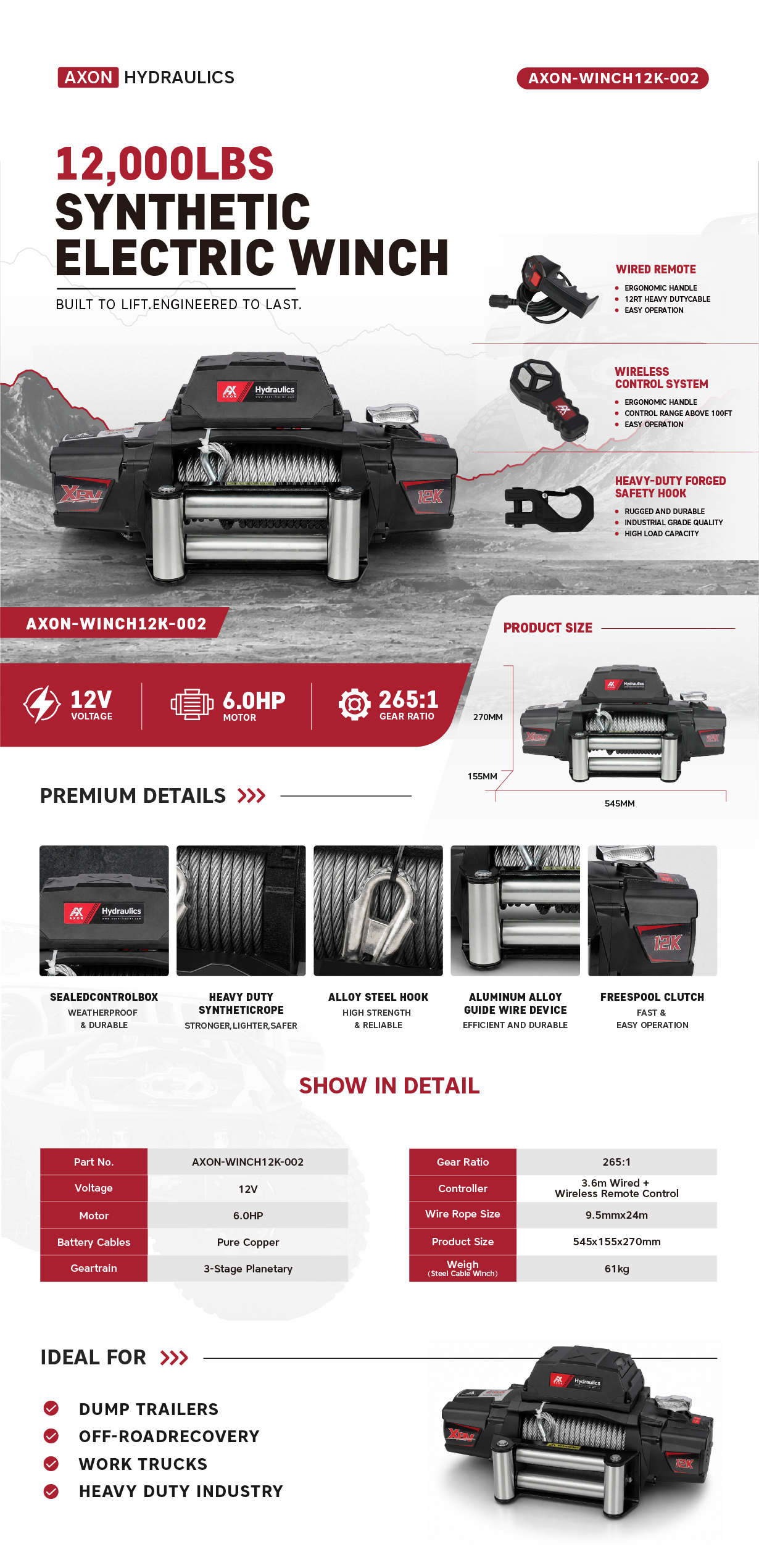 AXON-WINCH12K-002, AXON Electric Winch, 12000 LBS 12V Steel Rope Trailer SUV Jeep Truck 4WD $485.00 AXON Electric Winch, 12000 LBS 12V Steel Rope Trailer SUV Jeep Truck 4WD 
