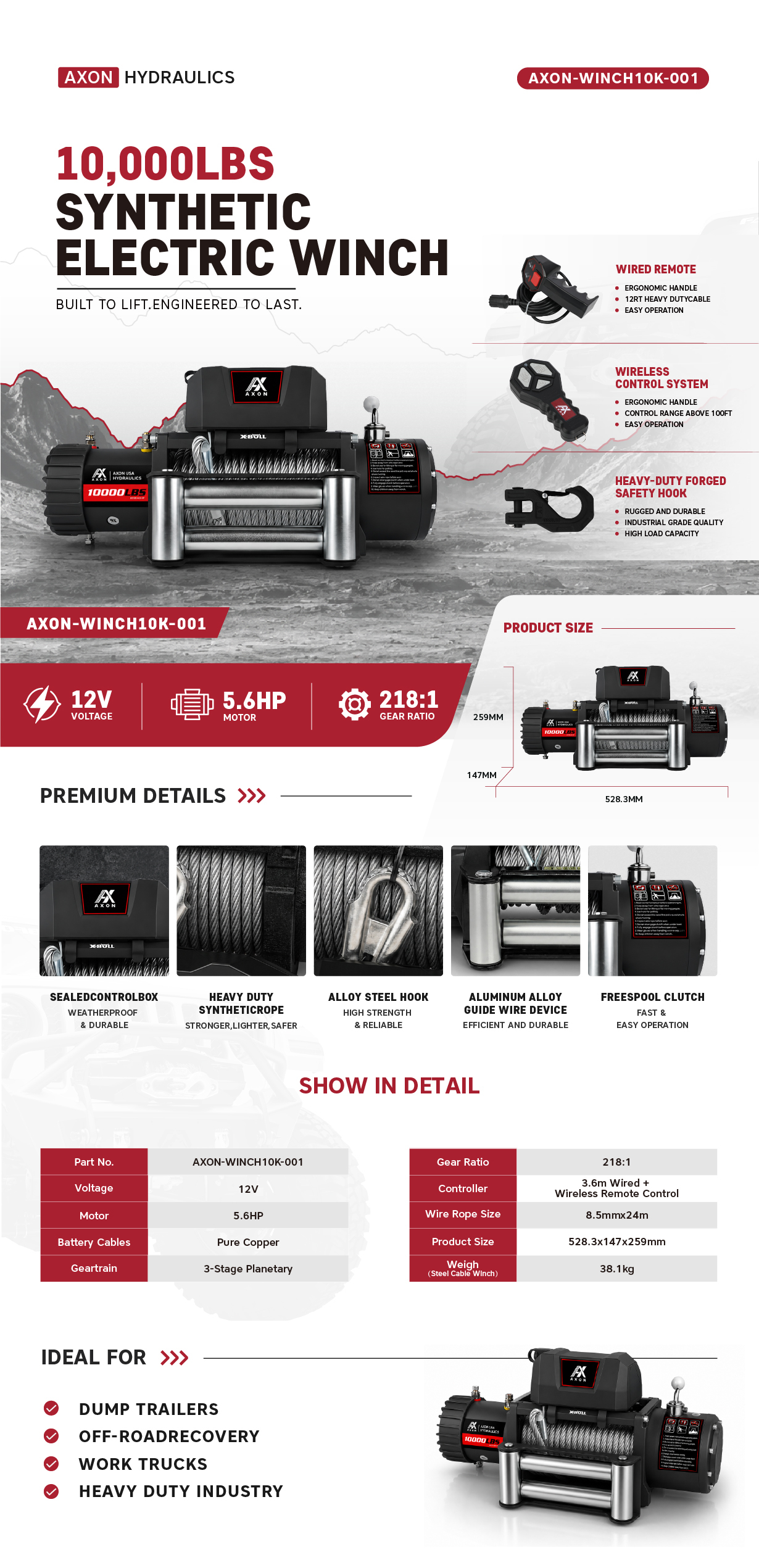 AXON-WINCH10K-001, AXON Electric Winch, 10000 LBS 12V Steel Rope Trailer SUV Jeep Truck 4WD $330.00 AXON Electric Winch, 10000 LBS 12V Steel Rope Trailer SUV Jeep Truck 4WD