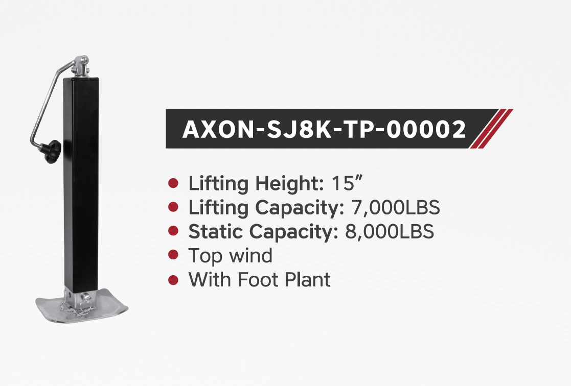 “AXON-SJ8K-TP-00002", 8000LBS TOPE WIND MANUAL JACK, MOQ is 160pcs/Plate【 $28 】 Trailer Jack Square Top-Wind 7000lb Capacity Leg  Extra 13.50" Farmer Bob's Parts 