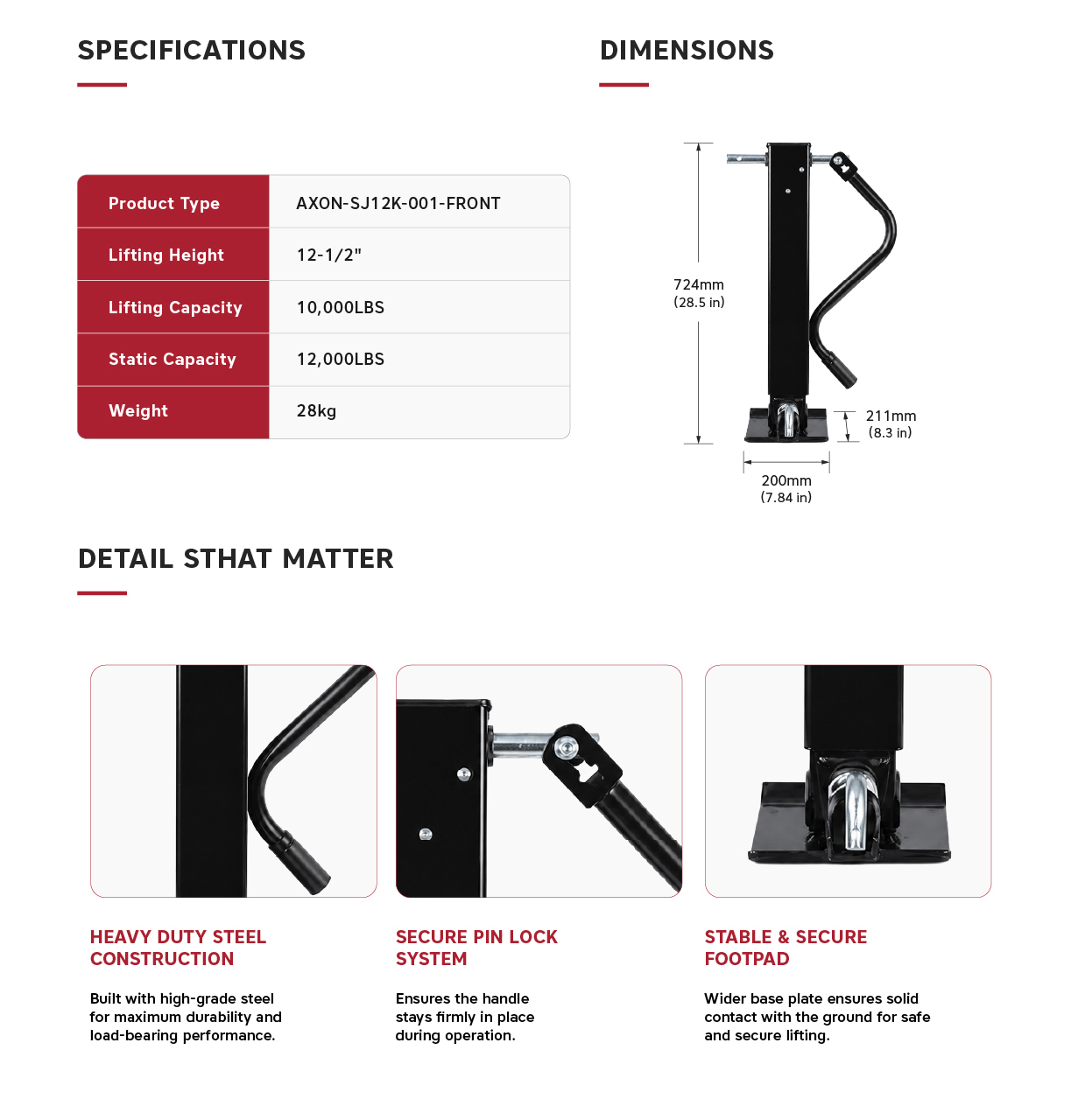 “AXON-SJ12K-001-FRONT", 12000LBS FRONT MANUAC JACK, MOQ is 30pcs/Plate The Trailer Parts Outlet - Drop Leg 12k Trailer Jack - 12000 lb Front Pin Side Wind with Handle 