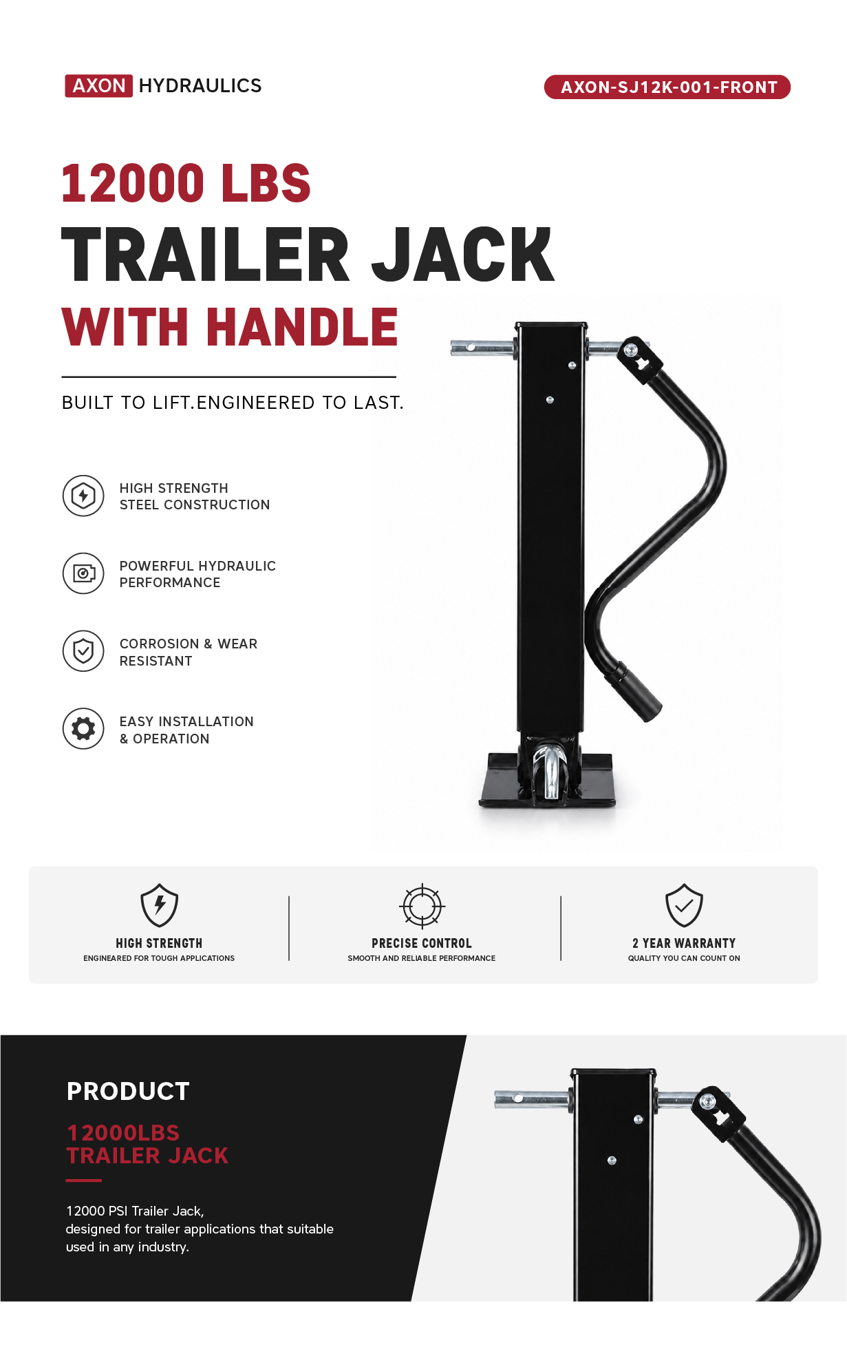 “AXON-SJ12K-001-FRONT", 12000LBS FRONT MANUAC JACK, MOQ is 30pcs/Plate The Trailer Parts Outlet - Drop Leg 12k Trailer Jack - 12000 lb Front Pin Side Wind with Handle 