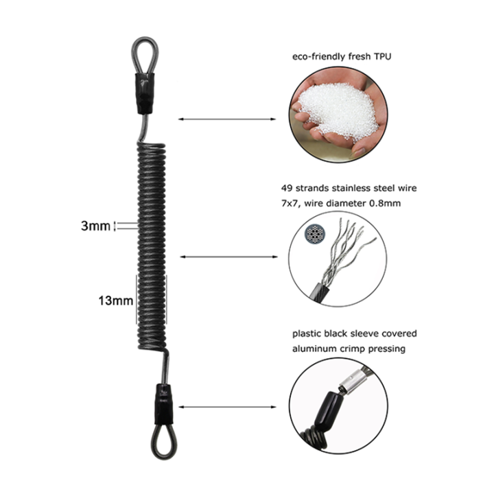 2 Meter Superior O Clip Ends Clear Black Flexible Fishing Safety Coiled Lanyard Prevent Rod Dropping 2 Meter Superior O Clip Ends Clear Black Flexible Fishing Safety Coiled Lanyard Prevent Rod Dropping steel coiled cable,retractable tool lanyard,elastic spring lanyard,stretch coil lanyard,spring tool lanyard