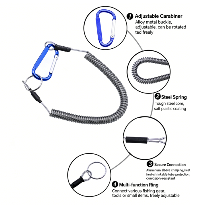 High Strength Quick Carabiner Hook Elastic Coiled Lanyard Secure Fishing Plier Dropping High Strength Quick Carabiner Hook Elastic Coiled Lanyard Secure Fishing Plier Dropping steel coil fishing lanyard,retention rope,wire fishing tool holder,spiral cord,wire coil lanyard