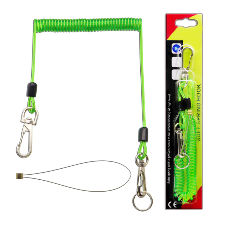 Fall Protection Green TPU Coiled Cable Wire Inside 10kg Swivel Hook Each End Coiled Tool Leash